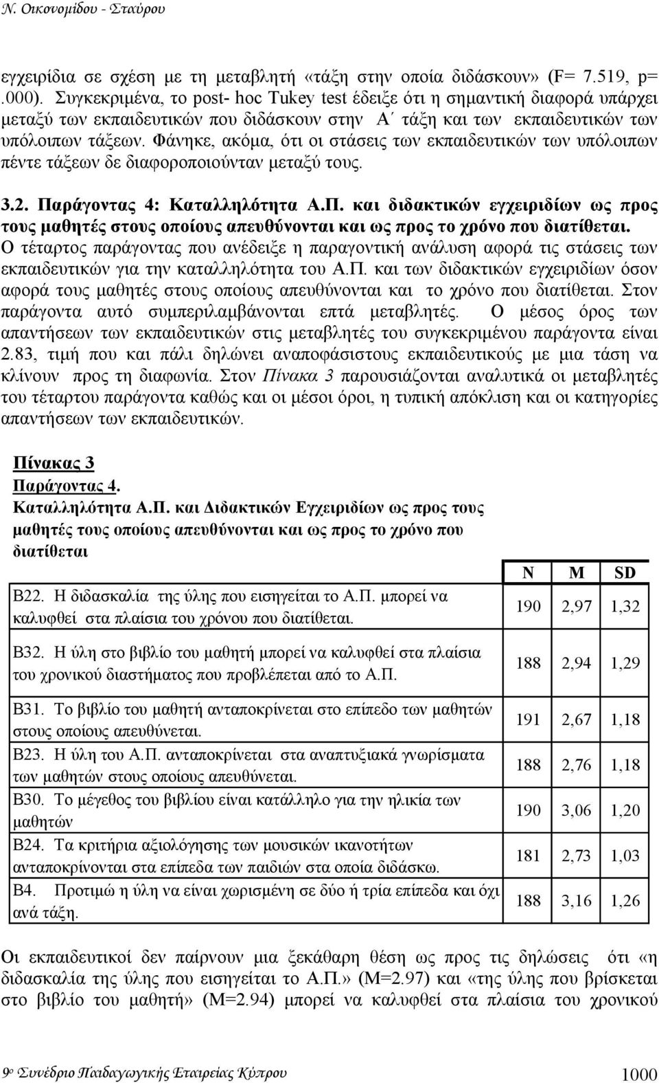 Φάνηκε, ακόµα, ότι οι στάσεις των εκπαιδευτικών των υπόλοιπων πέντε τάξεων δε διαφοροποιούνταν µεταξύ τους. 3.2. Πα