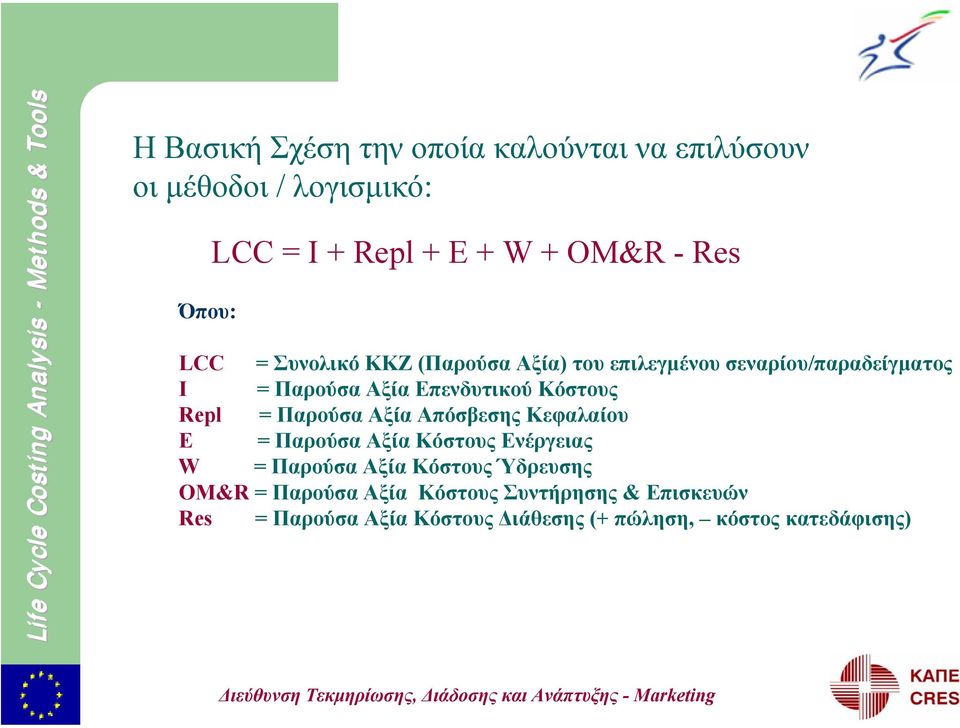 Κόστους Repl = Παρούσα Αξία Απόσβεσης Κεφαλαίου Ε = Παρούσα Αξία Κόστους Ενέργειας W = Παρούσα Αξία Κόστους