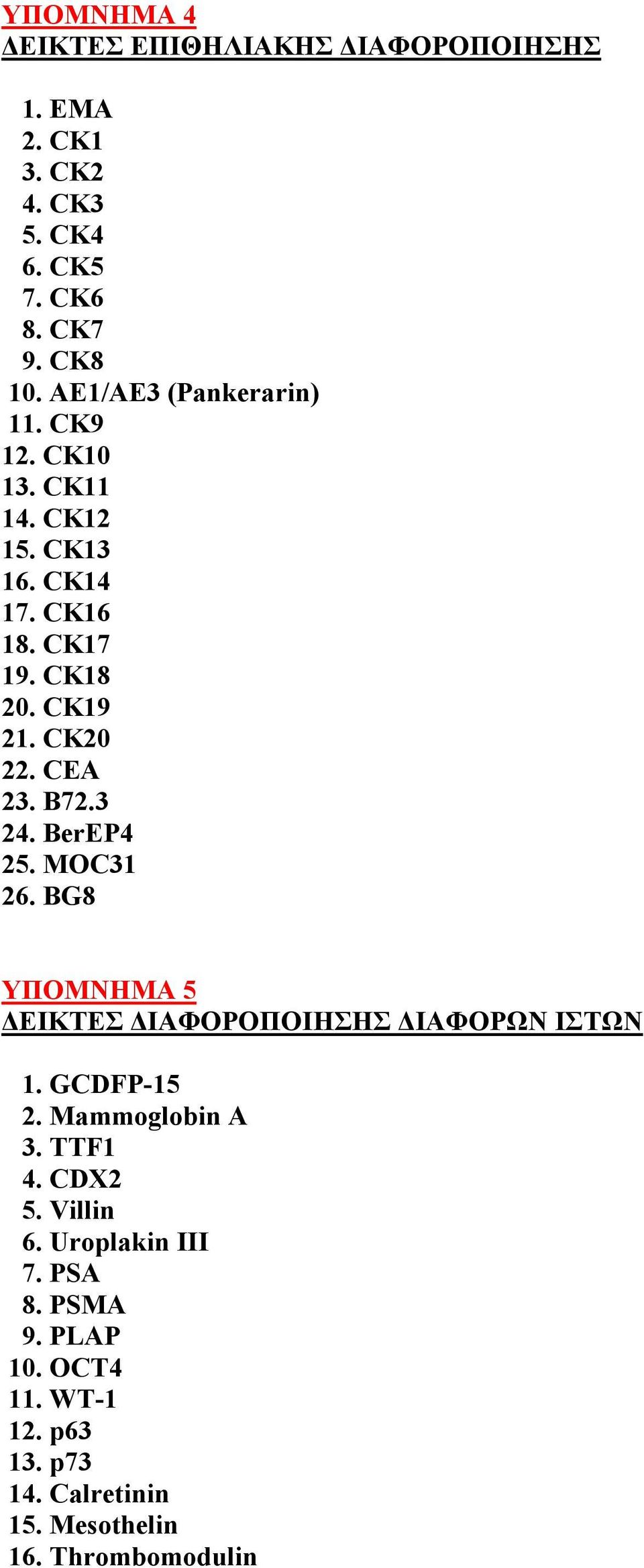 CEA 23. Β72.3 24. ΒerΕP4 25. MOC31 26. BG8 YΠΟΜΝΗΜΑ 5 ΕΙΚΤΕΣ ΙΑΦΟΡΟΠΟΙΗΣΗΣ ΙΑΦΟΡΩΝ ΙΣΤΩΝ 1. GCDFP-15 2. Mammoglobin A 3.