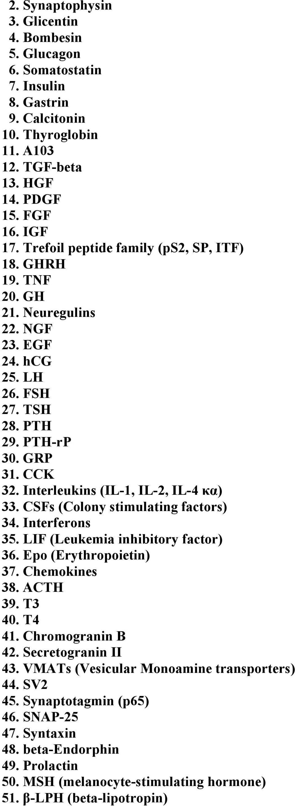 Interleukins (IL-1, IL-2, IL-4 κα) 33. CSFs (Colony stimulating factors) 34. Interferons 35. LIF (Leukemia inhibitory factor) 36. Epo (Erythropoietin) 37. Chemokines 38. ACTH 39. T3 40. T4 41.