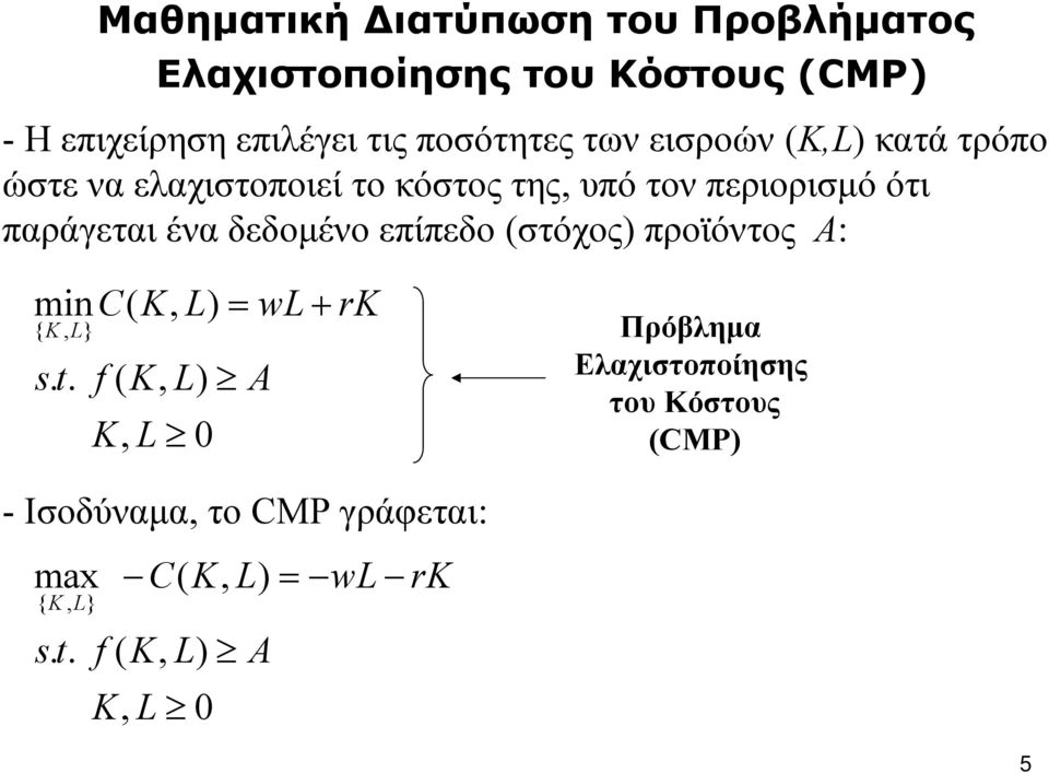 παράγεται ένα δεδομένο επίπεδο (στόχος) προϊόντος A: min CKL (, ) = wl+ rk { KL, } st.