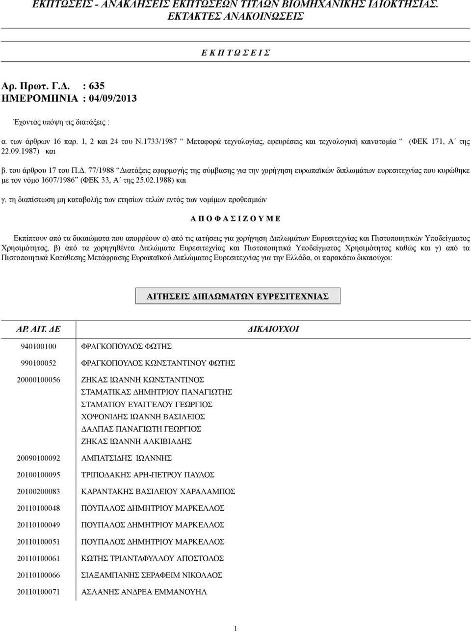 . 77/1988 ιατάξεις εφαρµογής της σύµβασης για την χορήγηση ευρωπαϊκών διπλωµάτων ευρεσιτεχνίας που κυρώθηκε µε τον νόµο 1607/1986 (ΦΕΚ 33, Α της 25.02.1988) και γ.