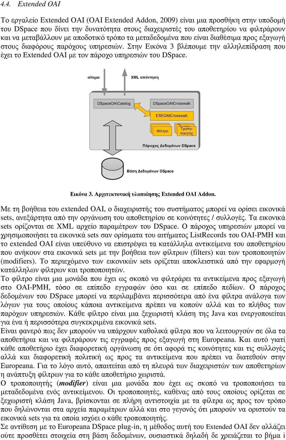 Στην Εικόνα 3 βλέπουµε την αλληλεπίδραση που έχει το Extended OAI µε τον πάροχο υπηρεσιών του DSpace. Εικόνα 3. Αρχιτεκτονική υλοποίησης Extended OAI Addon.