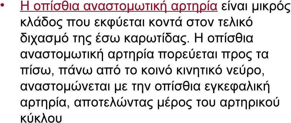 Η οπίσθια αναστομωτική αρτηρία πορεύεται προς τα πίσω, πάνω από το