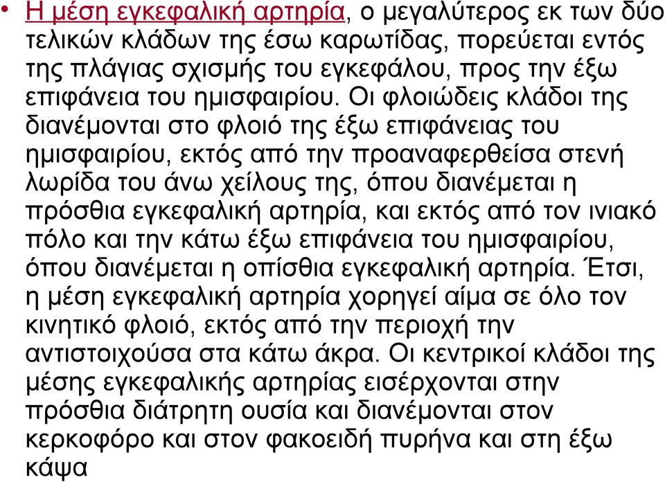 εκτός από τον ινιακό πόλο και την κάτω έξω επιφάνεια του ημισφαιρίου, όπου διανέμεται η οπίσθια εγκεφαλική αρτηρία.
