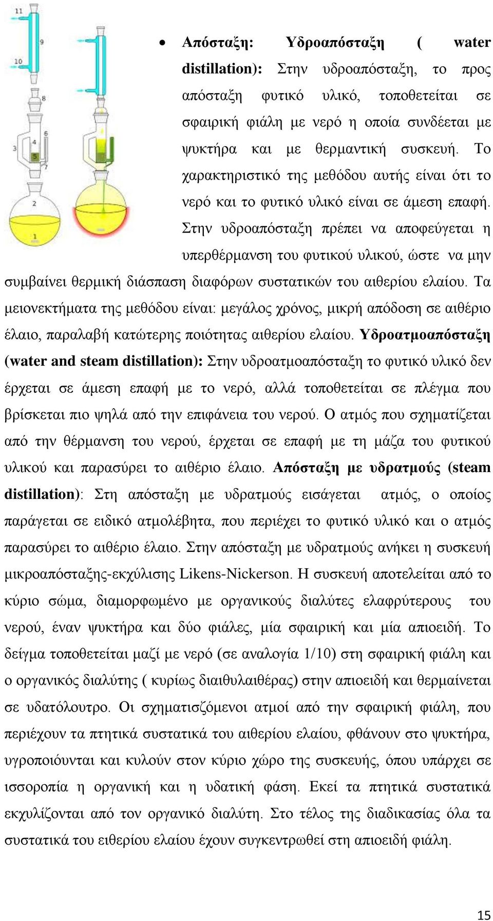 Στην υδροαπόσταξη πρέπει να αποφεύγεται η υπερθέρμανση του φυτικού υλικού, ώστε να μην συμβαίνει θερμική διάσπαση διαφόρων συστατικών του αιθερίου ελαίου.
