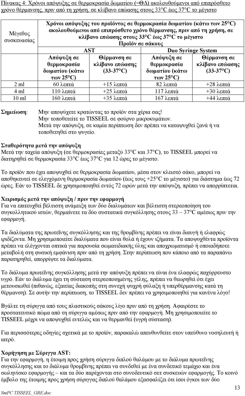 σάκους Απόψυξη σε θερμοκρασία δωματίου (κάτω των 25 C) AST Θέρμανση σε κλίβανο επώασης (33-37 C) Απόψυξη σε θερμοκρασία δωματίου (κάτω των 25 C) Duo Syringe System Θέρμανση σε κλίβανο επώασης (33-37