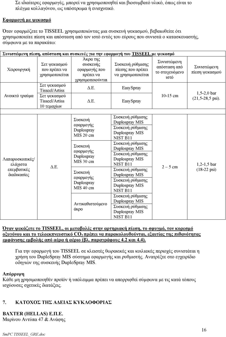 σύμφωνα με τα παρακάτω: Συνιστώμενη πίεση, απόσταση και συσκευές για την εφαρμογή του TISSEEL με ψεκασμό Χειρουργική Άκρα της Συνιστώμενη Σετ ψεκασμού συσκευής Συσκευή ρύθμισης απόσταση από που