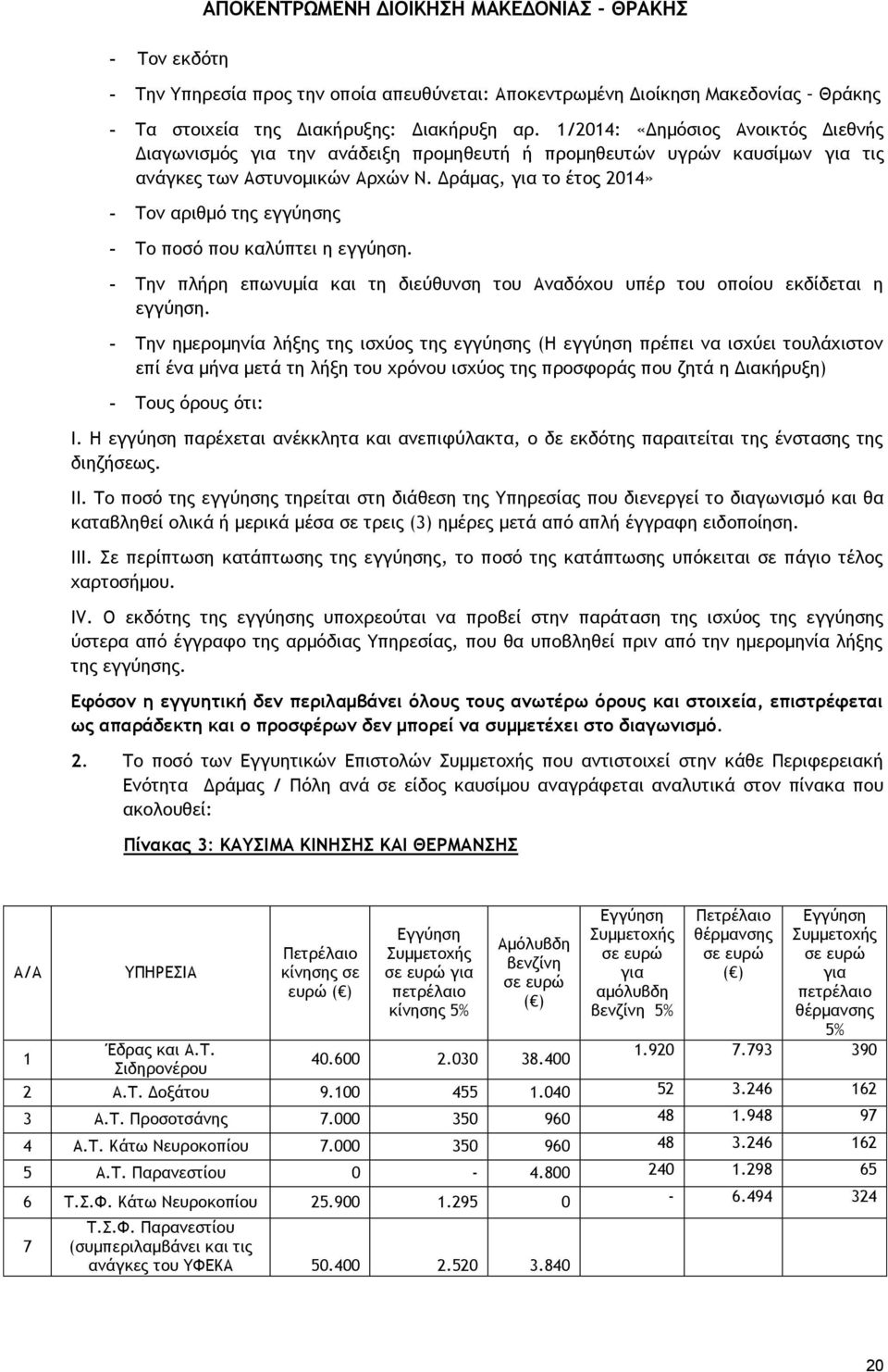 Δράμας, για το έτος 2014» - Τον αριθμό της εγγύησης - Το ποσό που καλύπτει η εγγύηση. - Την πλήρη επωνυμία και τη διεύθυνση του Αναδόχου υπέρ του οποίου εκδίδεται η εγγύηση.