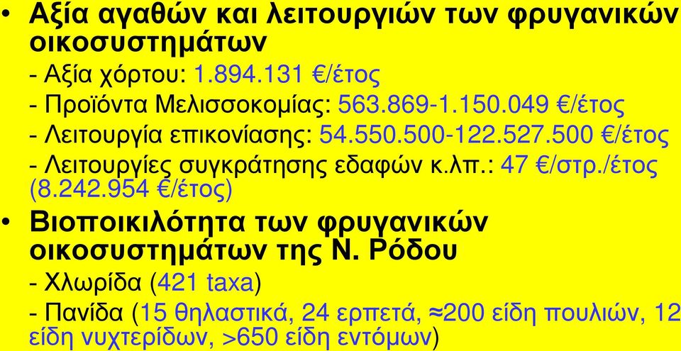 500 /έτος - Λειτουργίες συγκράτησης εδαφών κ.λπ.: 47 /στρ./έτος (8.242.