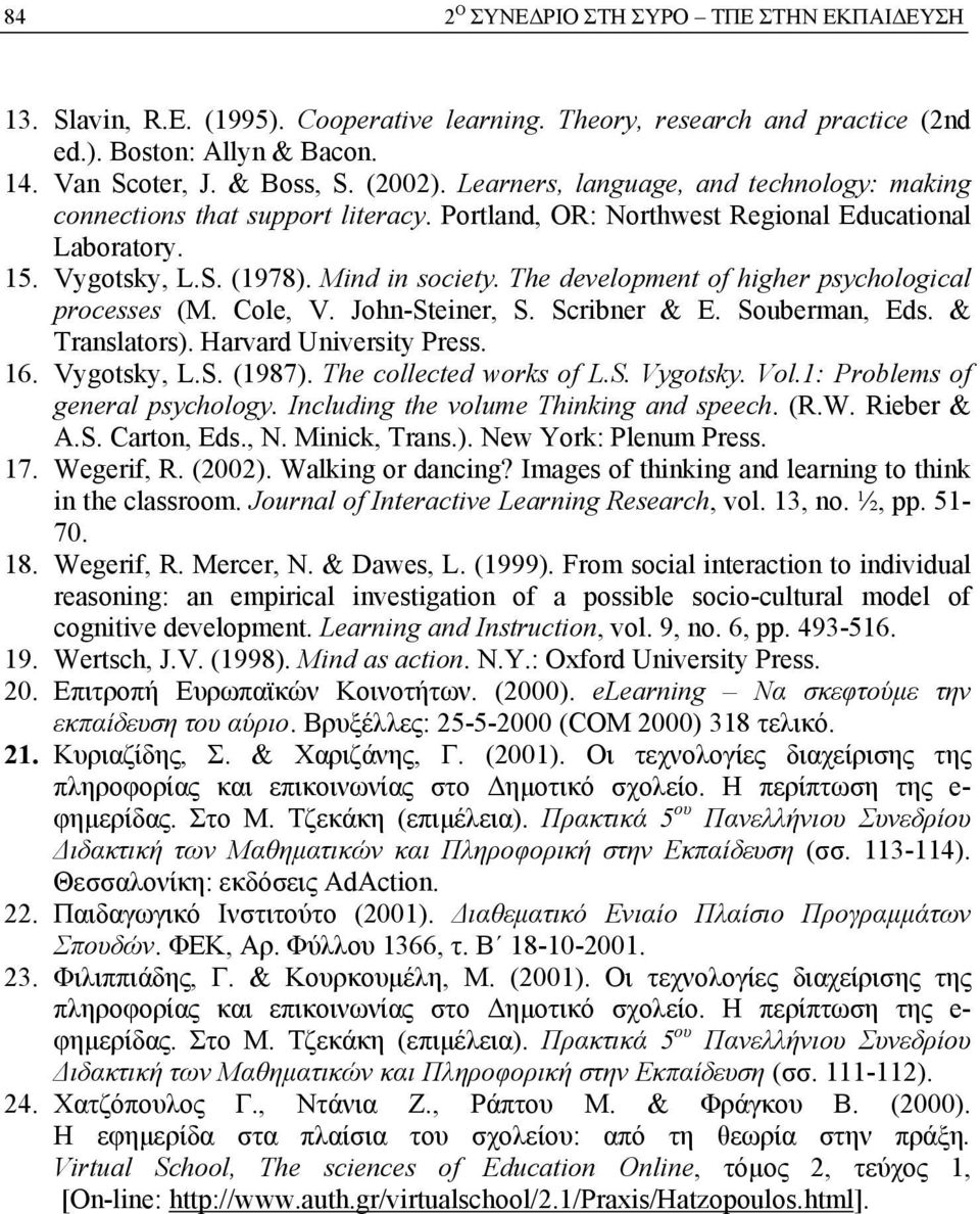 The development of higher psychological processes (M. Cole, V. John-Steiner, S. Scribner & E. Souberman, Eds. & Translators). Harvard University Press. 16. Vygotsky, L.S. (1987).