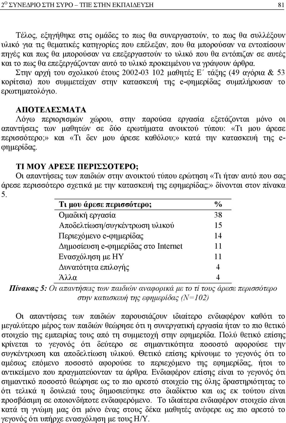 Στην αρχή του σχολικού έτους 2002-03 102 μαθητές Ε τάξης (49 αγόρια & 53 κορίτσια) που συμμετείχαν στην κατασκευή της e-φημερίδας συμπλήρωσαν το ερωτηματολόγιο.