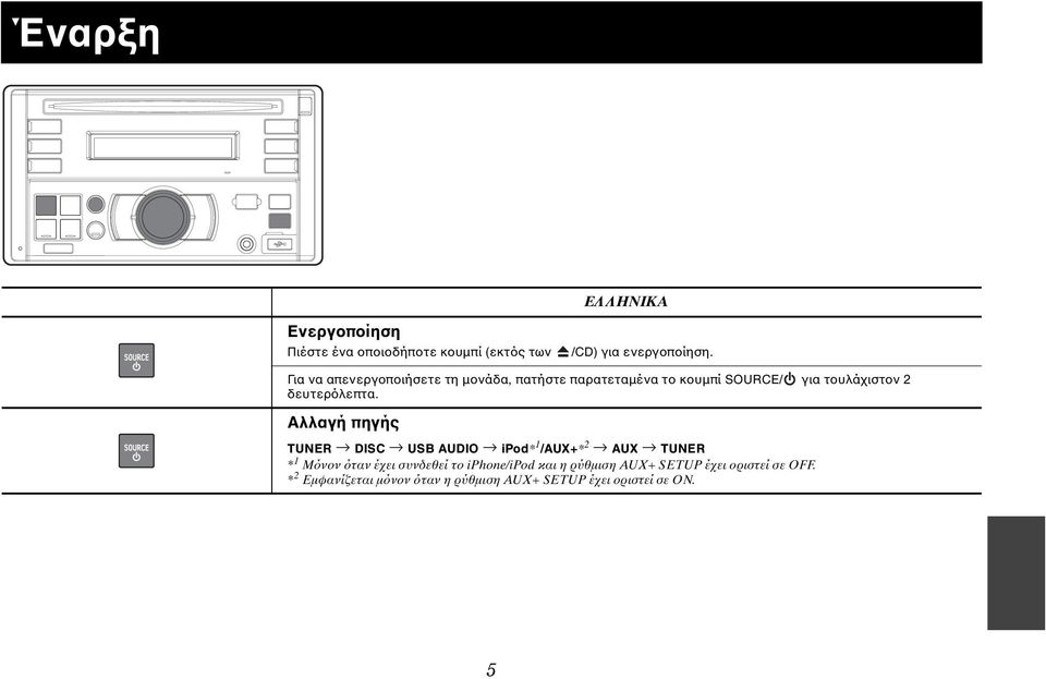 Αλλαγή πηγής TUNER DISC USB AUDIO ipod* 1 /AUX+* 2 AUX TUNER * 1 Μόνον όταν έχει συνδεθεί το iphone/ipod