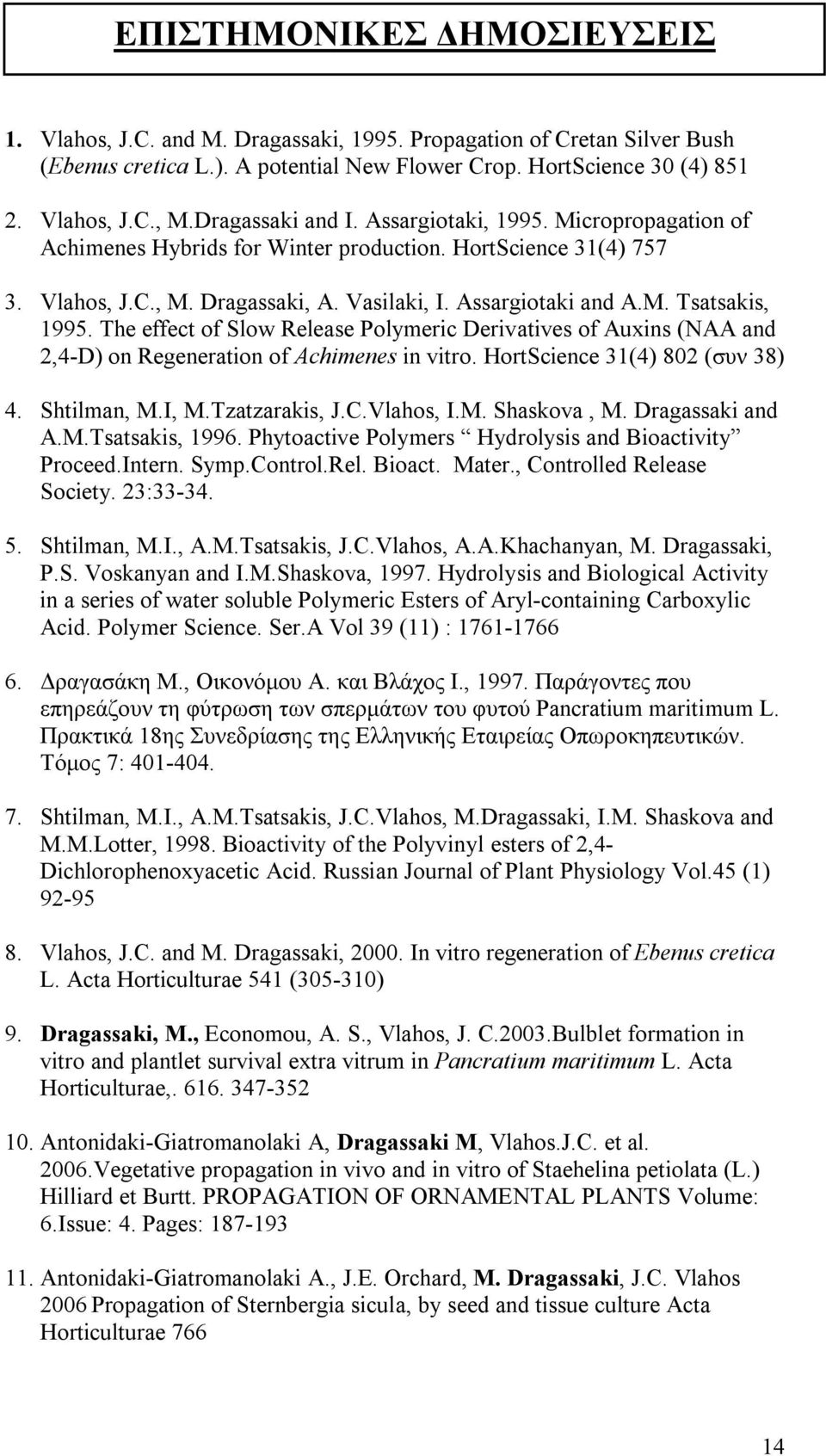 The effect of Slow Release Polymeric Derivatives of Auxins (NAA and 2,4-D) on Regeneration of Achimenes in vitro. HortScience 31(4) 802 (συν 38) 4. Shtilman, M.I, M.Tzatzarakis, J.C.Vlahos, I.M. Shaskova, M.