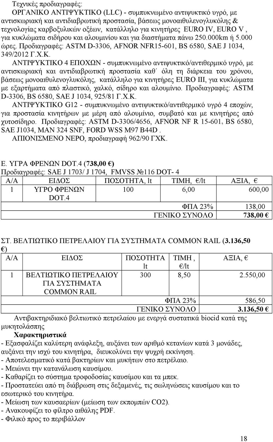 Προδιαγραφές: ASTM D-3306, AFNOR NFR15-601, BS 6580, SAE J 1034, 349/2012 Γ.Χ.Κ.