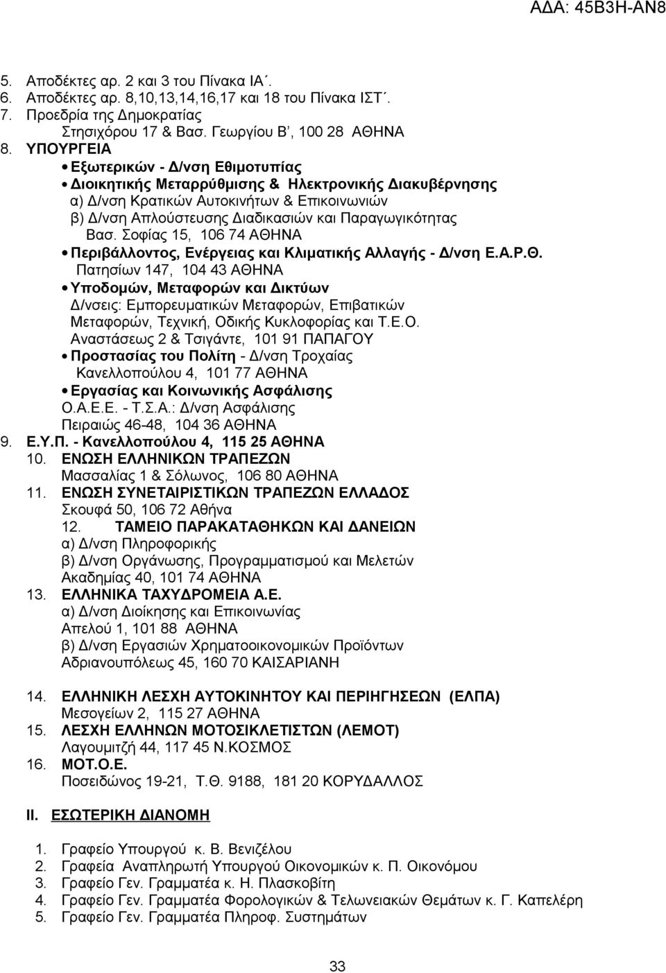 Σοφίας 15, 106 74 ΑΘΗΝΑ Περιβάλλοντος, Ενέργειας και Κλιματικής Αλλαγής - Δ/νση Ε.Α.Ρ.Θ. Πατησίων 147, 104 43 ΑΘΗΝΑ Υποδομών, Μεταφορών και Δικτύων Δ/νσεις: Εμπορευματικών Μεταφορών, Επιβατικών Μεταφορών, Τεχνική, Οδικής Κυκλοφορίας και Τ.