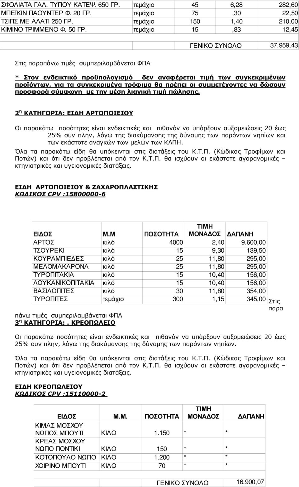 959,43 Στις παραπάνω τιµές συµπεριλαµβάνεται ΦΠΑ * Στον ενδεικτικό προϋπολογισµό δεν αναφέρεται τιµή των συγκεκριµένων προϊόντων, για τα συγκεκριµένα τρόφιµα θα πρέπει οι συµµετέχοντες να δώσουν