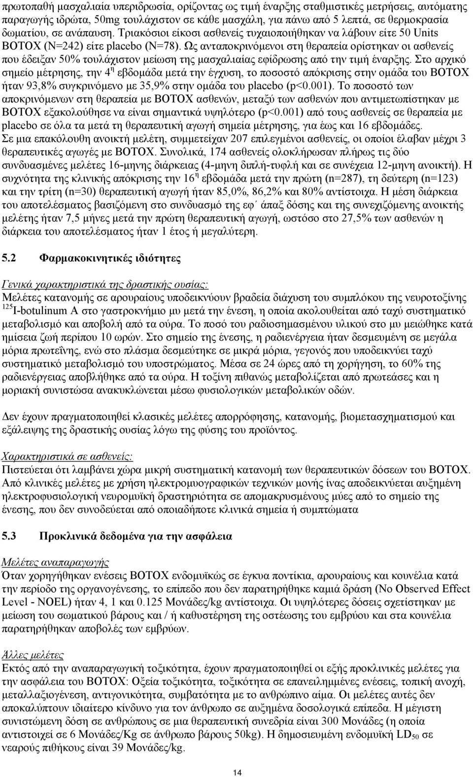 Ως ανταποκρινόμενοι στη θεραπεία ορίστηκαν οι ασθενείς που έδειξαν 50% τουλάχιστον μείωση της μασχαλιαίας εφίδρωσης από την τιμή έναρξης.