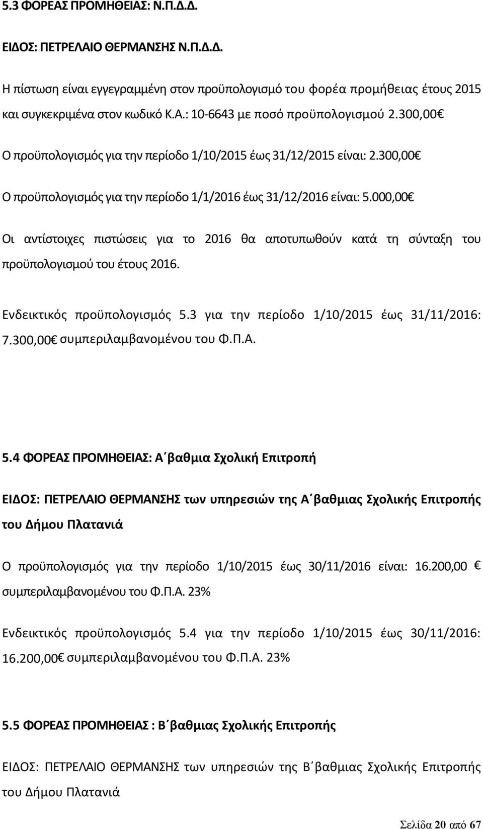 000,00 Οι αντίστοιχες πιστώσεις για το 2016 θα αποτυπωθούν κατά τη σύνταξη του προϋπολογισμού του έτους 2016. Ενδεικτικός προϋπολογισμός 5.3 για την περίοδο 1/10/2015 έως 31/11/2016: 7.