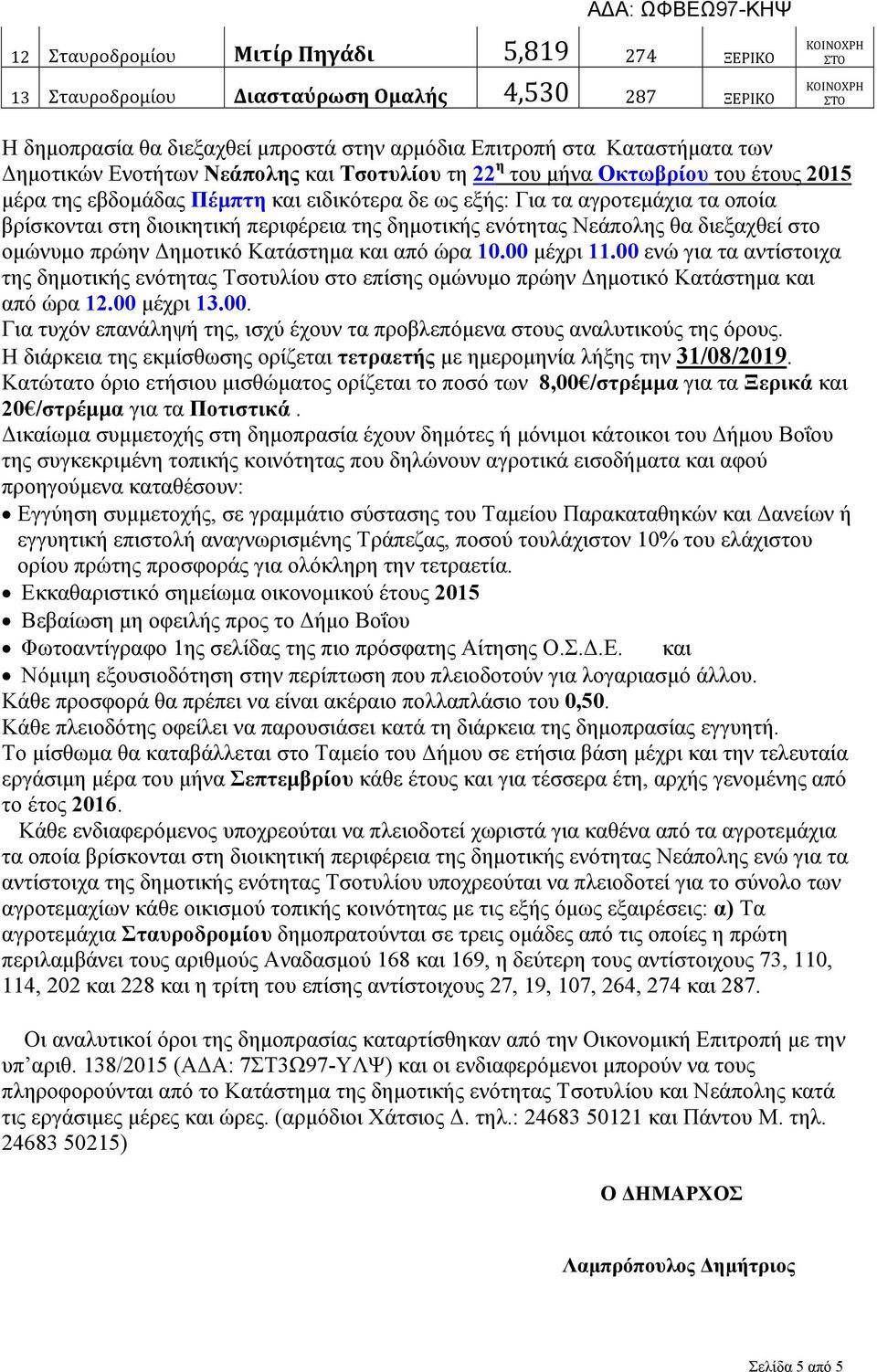 διεξαχθεί στο ομώνυμο πρώην Δημοτικό Κατάστημα και από ώρα 0.00 μέχρι.00 ενώ για τα αντίστοιχα της δημοτικής ενότητας Τσοτυλίου στο επίσης ομώνυμο πρώην Δημοτικό Κατάστημα και από ώρα.00 μέχρι.00. Για τυχόν επανάληψή της, ισχύ έχουν τα προβλεπόμενα στους αναλυτικούς της όρους.