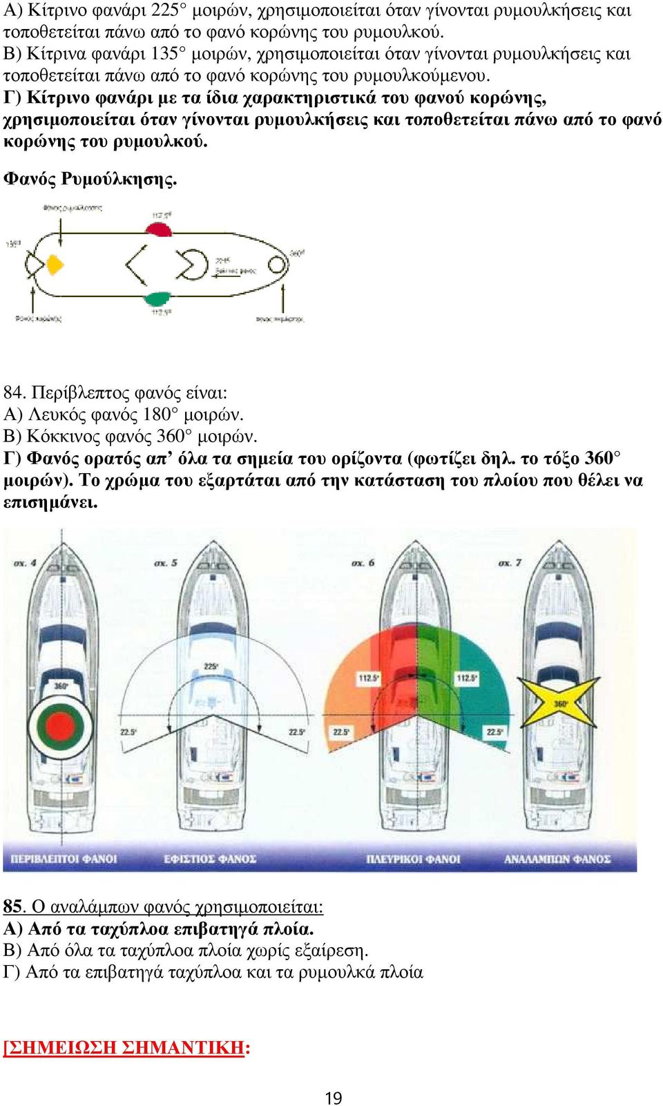 Γ) Κίτρινο φανάρι με τα ίδια χαρακτηριστικά του φανού κορώνης, χρησιμοποιείται όταν γίνονται ρυμουλκήσεις και τοποθετείται πάνω από το φανό κορώνης του ρυμουλκού. Φανός Ρυμούλκησης. 84.