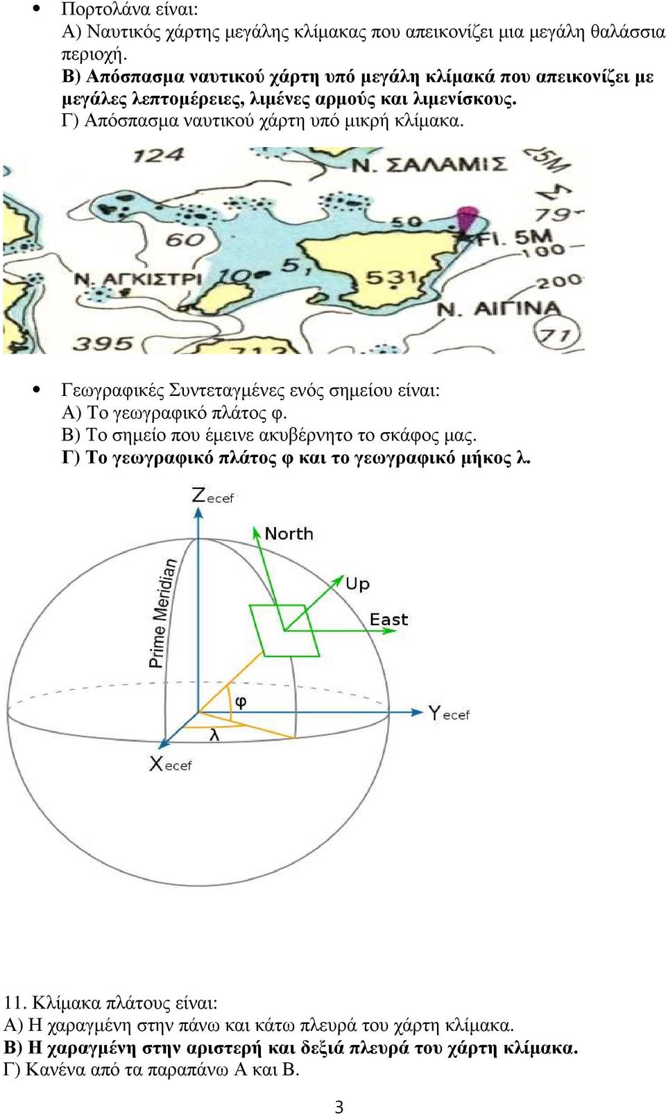 Γ) Απόσπασμα ναυτικού χάρτη υπό μικρή κλίμακα. Γεωγραφικές Συντεταγμένες ενός σημείου είναι: Α) Το γεωγραφικό πλάτος φ.