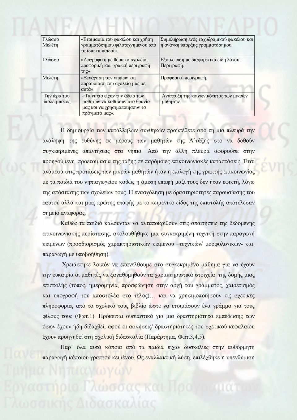 χρησιμοποιήσουν τα πράγματά μας». Συμπλήρωση ενός ταχυδρομικού φακέλου και η ανάγκη ύπαρξης γραμματόσημου. Εξοικείωση με διαφορετικά είδη λόγου: Περιγραφή. Προφορική περιγραφή.