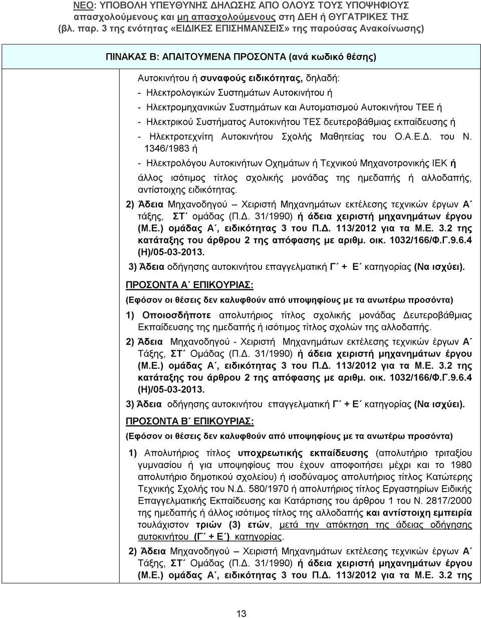 1346/1983 ή - Ηλεκτρολόγου Αυτοκινήτων Οχημάτων ή Τεχνικού Μηχανοτρονικής ΙΕΚ ή άλλος ισότιμος τίτλος σχολικής μονάδας της ημεδαπής ή αλλοδαπής, αντίστοιχης ειδικότητας.