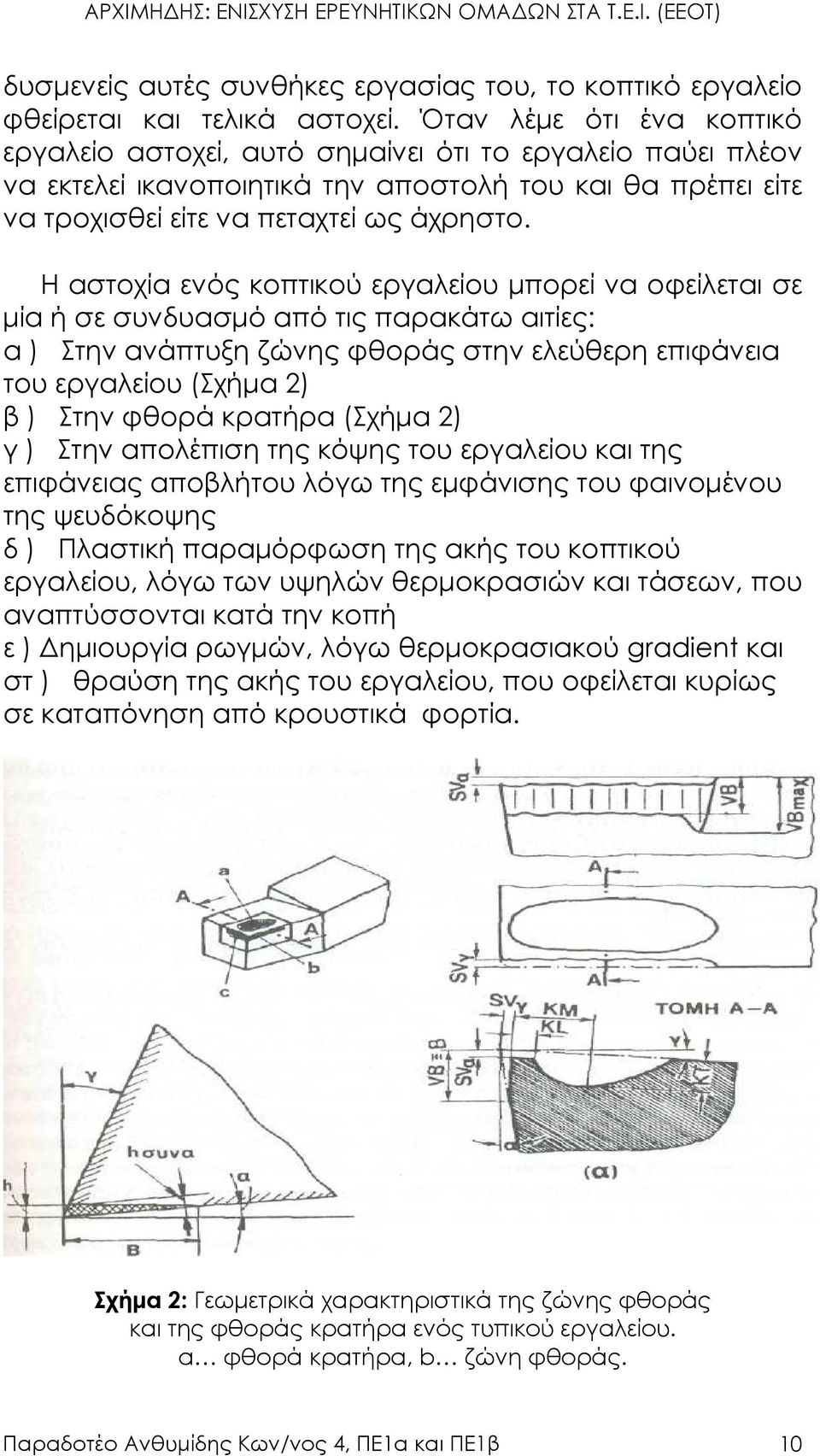 Η αστοχία ενός κοπτικού εργαλείου µπορεί να οφείλεται σε µία ή σε συνδυασµό από τις παρακάτω αιτίες: α ) Στην ανάπτυξη ζώνης φθοράς στην ελεύθερη επιφάνεια του εργαλείου (Σχήµα 2) β ) Στην φθορά