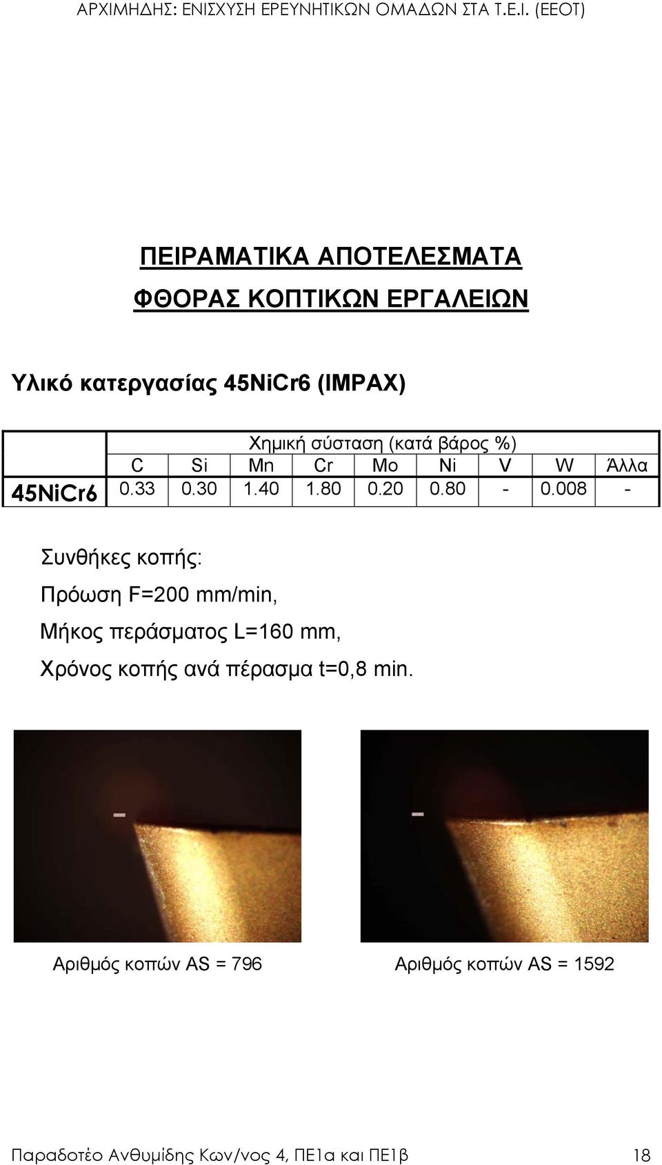 008 - Συνθήκες κοπής: Πρόωση F=200 mm/min, Μήκος περάσµατος L=160 mm, Χρόνος κοπής ανά πέρασµα