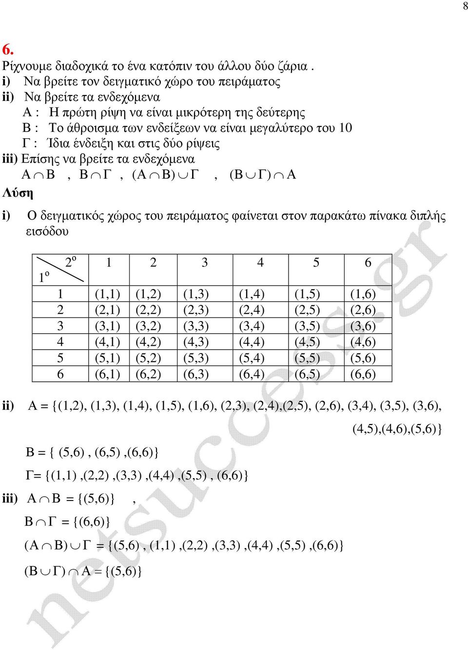 στις δύο ρίψεις iii) Επίσης να βρείτε τα ενδεχόµενα, Γ, ( ) Γ, ( Γ) i) Ο δειγµατικός χώρος του πειράµατος φαίνεται στον παρακάτω πίνακα διπλής εισόδου 1 2 3 4 5 6 2 ο 1 ο 1 (1,1) (1,2) (1,3) (1,4)