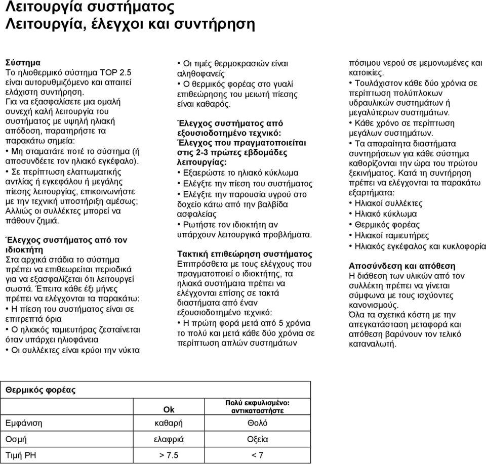 Σε περίπτωση ελαττωματικής αντλίας ή εγκεφάλου ή μεγάλης πίεσης λειτουργίας, επικοινωνήστε με την τεχνική υποστήριξη αμέσως; Αλλιώς οι συλλέκτες μπορεί να πάθουν ζημιά.