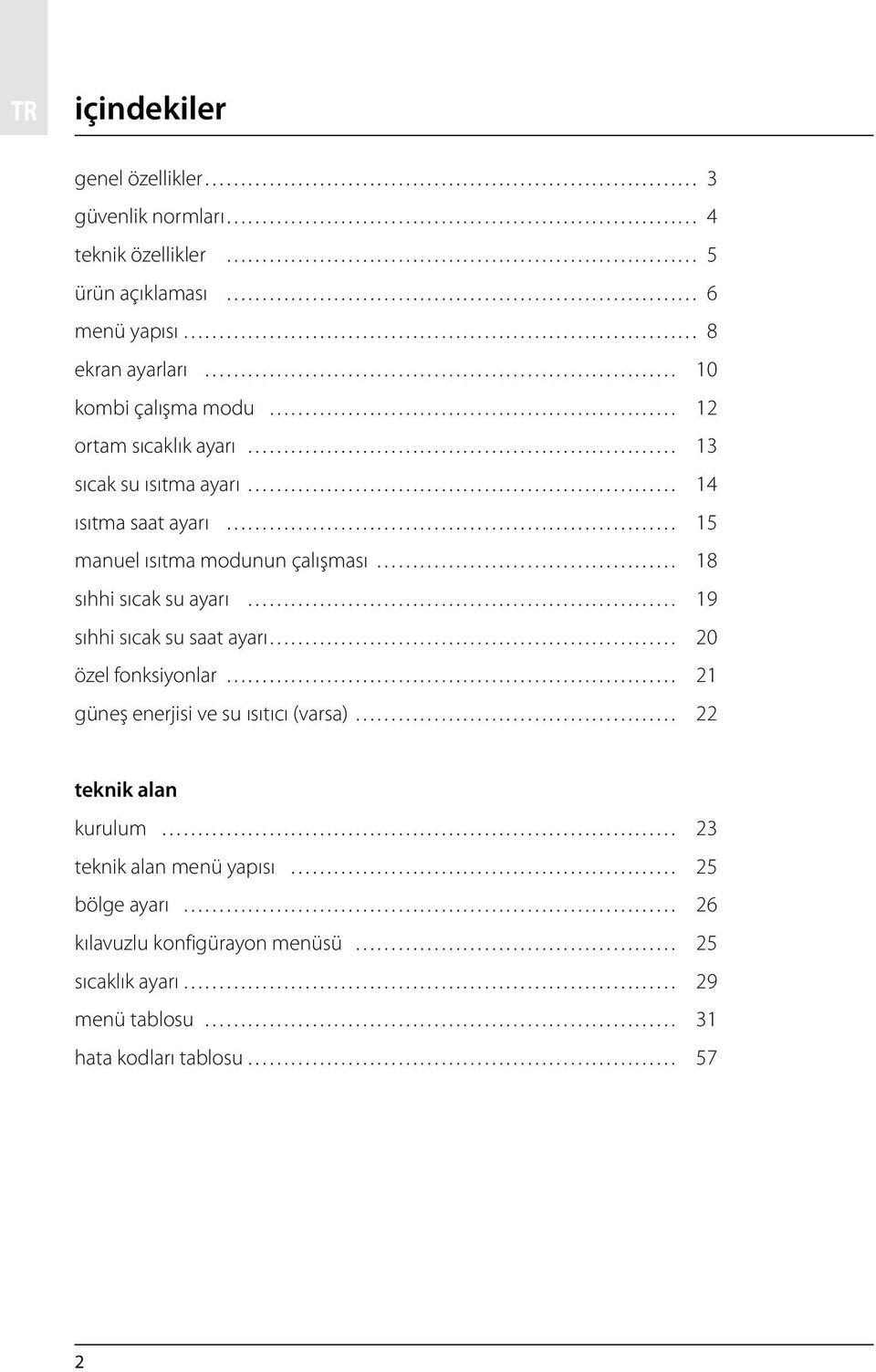 sıcak su ayarı 19 sıhhi sıcak su saat ayarı 20 özel fonksiyonlar 21 güneş enerjisi ve su ısıtıcı (varsa) 22 teknik alan kurulum 23