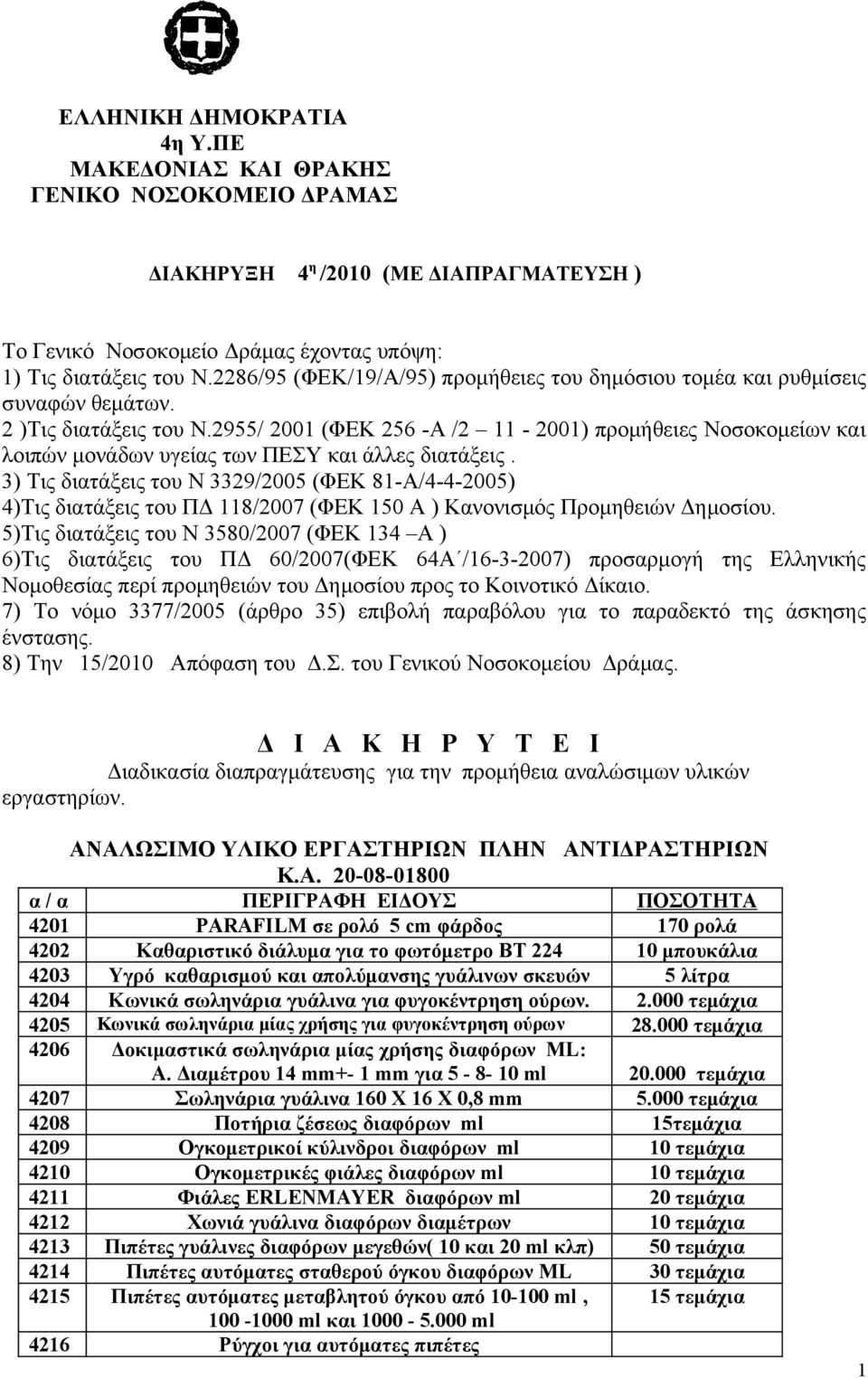 2955/ 2001 (ΦΕΚ 256 -Α /2 11-2001) προμήθειες Νοσοκομείων και λοιπών μονάδων υγείας των ΠΕΣΥ και άλλες διατάξεις.