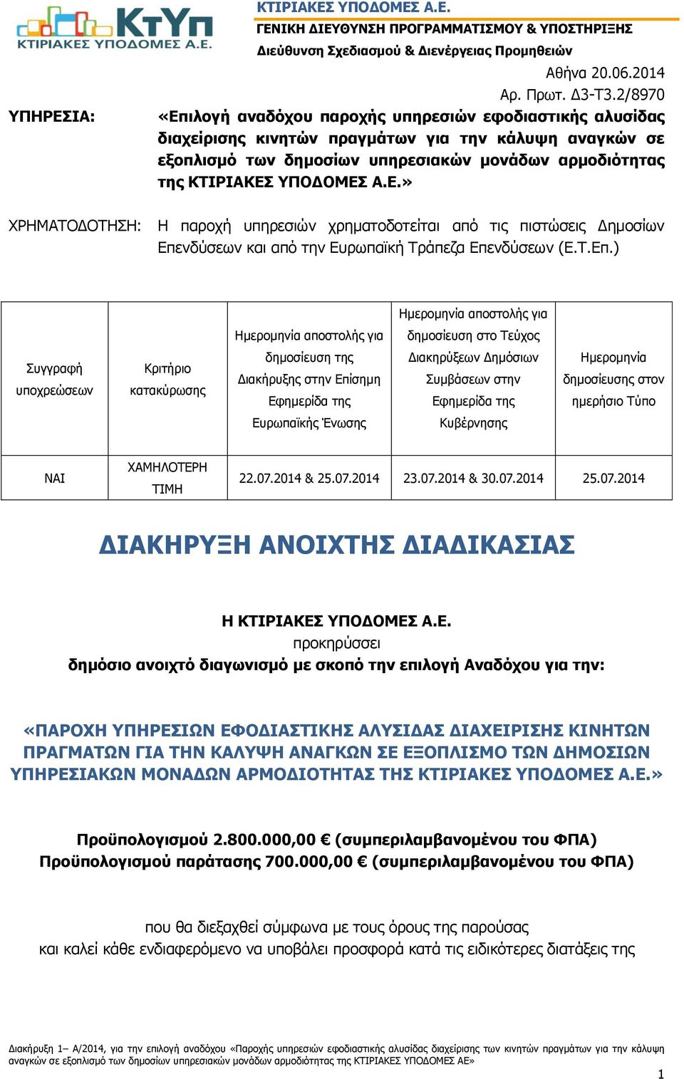 Α.Ε.» ΧΡΗΜΑΤΟΔΟΤΗΣΗ: Η παροχή υπηρεσιών χρηματοδοτείται από τις πιστώσεις Δημοσίων Επε