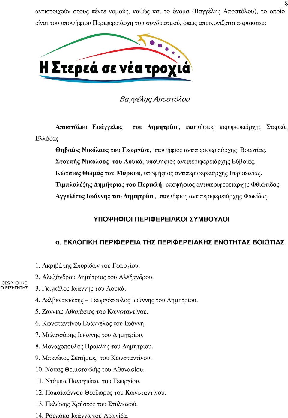 Κώτσιας Θωµάς του Μάρκου, υποψήφιος αντιπεριφερειάρχης Ευρυτανίας. Τιµπλαλέξης ηµήτριος του Περικλή, υποψήφιος αντιπεριφερειάρχης Φθιώτιδας.