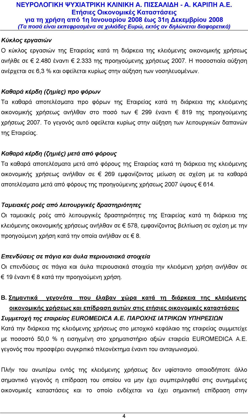 Καθαρά κέρδη (ζημίες) προ φόρων Τα καθαρά αποτελέσματα προ φόρων της Εταιρείας κατά τη διάρκεια της κλειόμενης οικονομικής χρήσεως ανήλθαν στο ποσό των 299 έναντι 819 της προηγούμενης χρήσεως 2007.