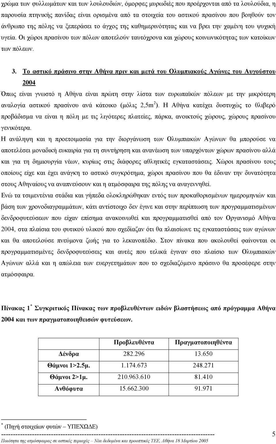 Το αστικό πράσινο στην Αθήνα πριν και µετά του Ολυµπιακούς Αγώνες του Αυγούστου 2004 Όπως είναι γνωστό η Αθήνα είναι πρώτη στην λίστα των ευρωπαϊκών πόλεων µε την µικρότερη αναλογία αστικού πρασίνου