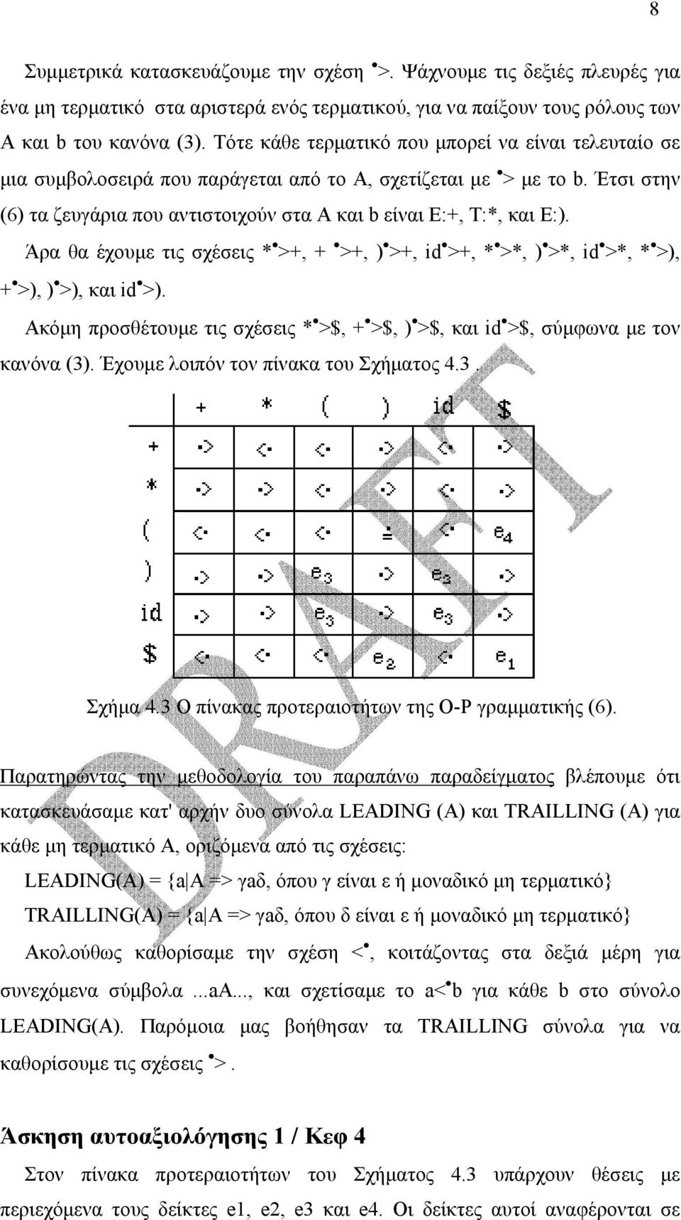 Άρα θα έχουµε τις σχέσεις * >+, + >+, ) >+, id >+, * >*, ) >*, id >*, * >), + >), ) >), και id >). Aκόµη προσθέτουµε τις σχέσεις * >$, + >$, ) >$, και id >$, σύµφωνα µε τον κανόνα (3).