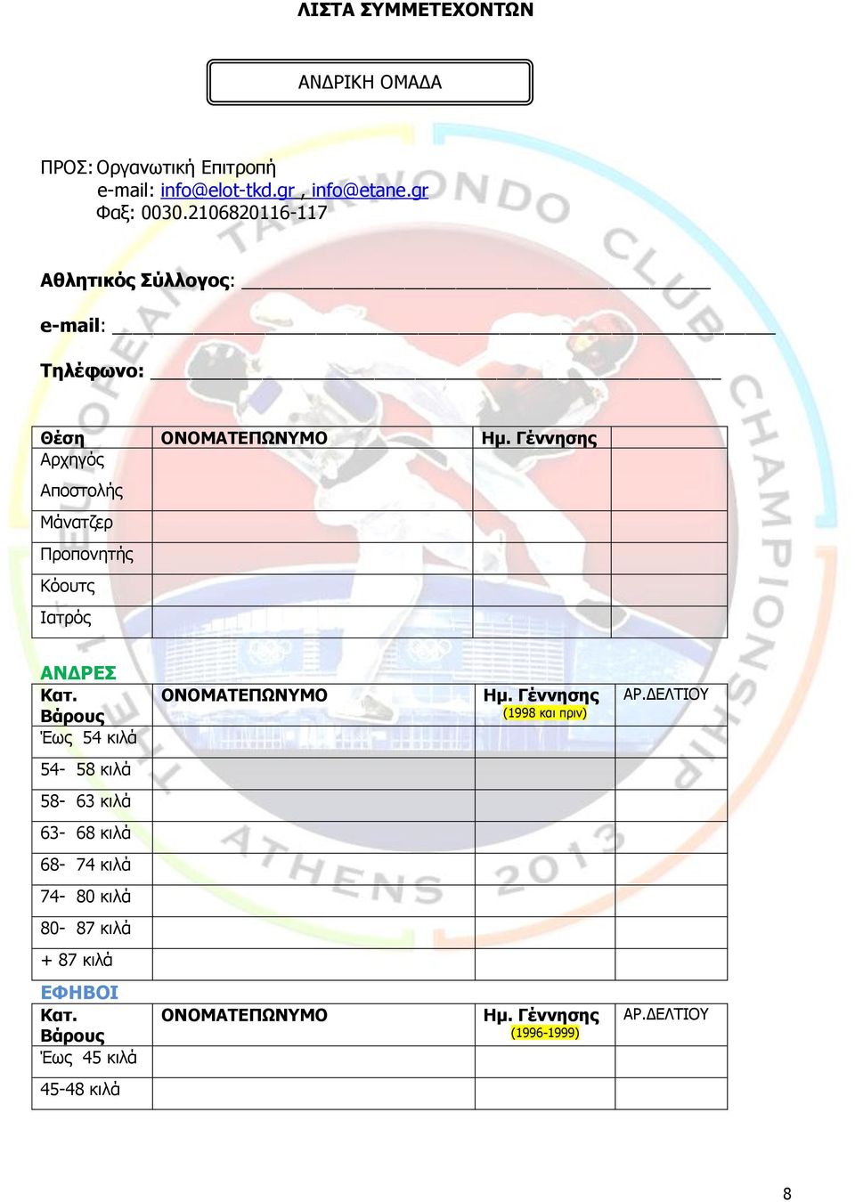 Γέννησης Αρχηγός Αποστολής Μάνατζερ Προπονητής Κόουτς Ιατρός ΑΝΔΡΕΣ Κατ. Βάρους Έως 54 κιλά ΟΝΟΜΑΤΕΠΩΝΥΜΟ Ημ.