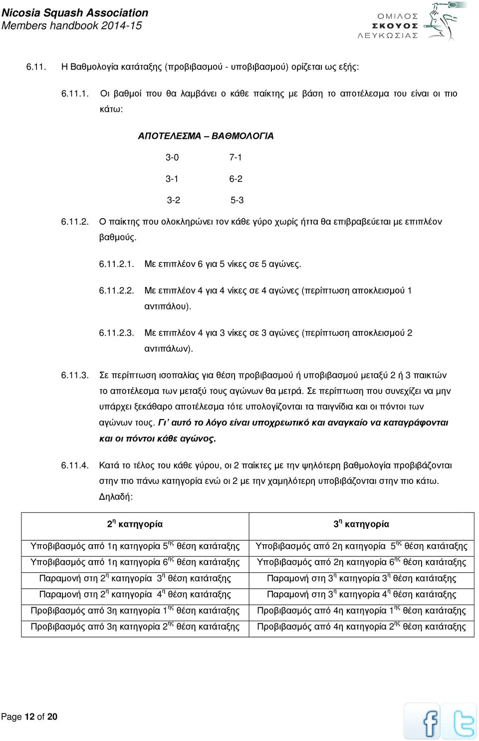 6.11.2.3. Με επιπλέον 4 για 3 νίκες σε 3 αγώνες (περίπτωση αποκλεισµού 2 αντιπάλων). 6.11.3. Σε περίπτωση ισοπαλίας για θέση προβιβασµού ή υποβιβασµού µεταξύ 2 ή 3 παικτών το αποτέλεσµα των µεταξύ τους αγώνων θα µετρά.