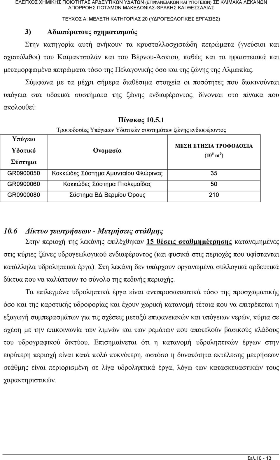 Σύμφωνα με τα μέχρι ήμερα διαθέιμα τοιχεία οι ποότητες που διακινούνται υπόγεια τα υδατικά υτήματα της ζώνης ενδιαφέροντος, δίνονται το πίνακα που ακολουθεί: Υπόγειο Υδατικό Σύτημα Πίνακας 10.5.