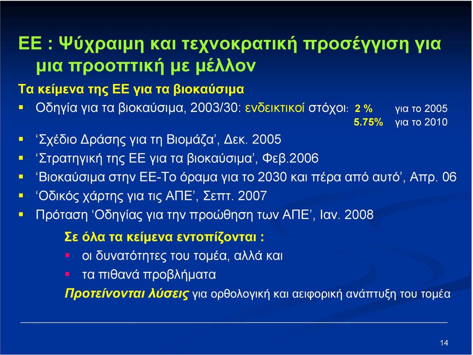 2006 Βιοκαύσιµα στην ΕΕ-Το όραµα για το 2030 και πέρα από αυτό, Απρ. 06 Οδικός χάρτης για τις ΑΠΕ, Σεπτ.