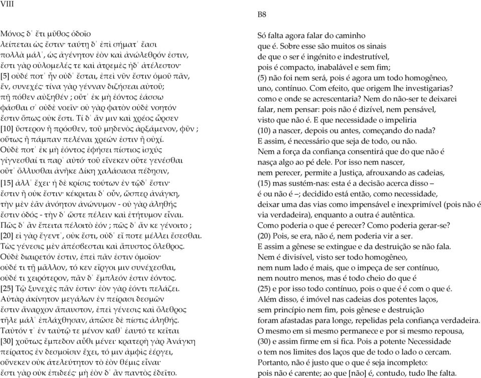 Τί δ ἄν μιν καὶ χρέος ὦρσεν [10] ὕστερον ἢ πρόσθεν, τοῦ μηδενὸς ἀρξάμενον, φῦν ; οὕτως ἢ πάμπαν πελέναι χρεών ἐστιν ἢ οὐχί.