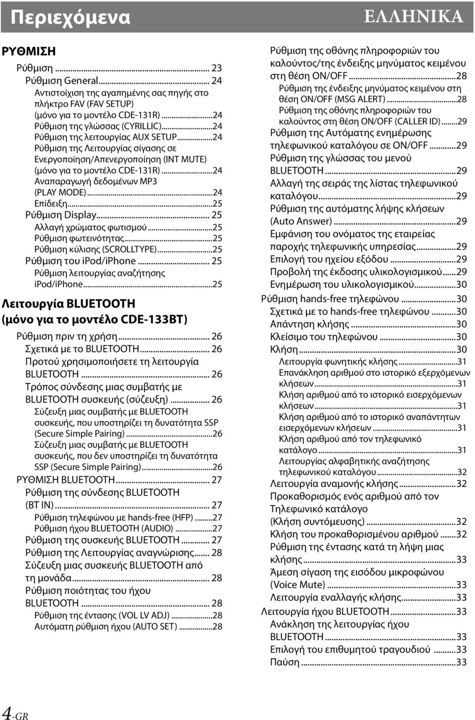 ..24 Επίδειξη...25 Ρύθμιση Display... 25 Αλλαγή χρώματος φωτισμού...25 Ρύθμιση φωτεινότητας...25 Ρύθμιση κύλισης (SCROLLTYPE)...25 Ρύθμιση του ipod/iphone.