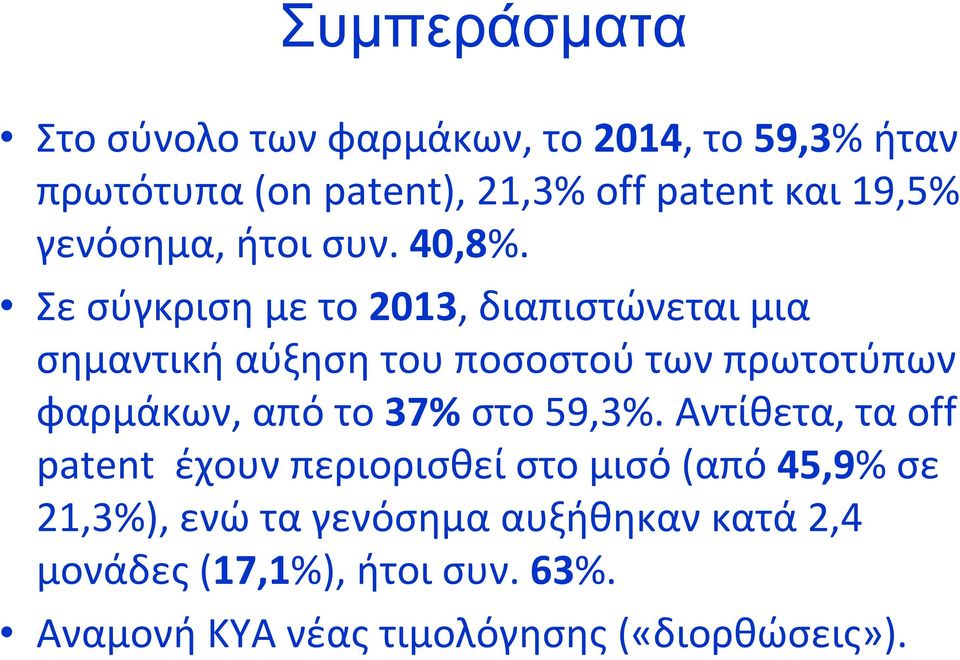 Σε σύγκριση με το 2013, διαπιστώνεται μια σημαντική αύξηση του ποσοστού των πρωτοτύπων φαρμάκων, από το 37%