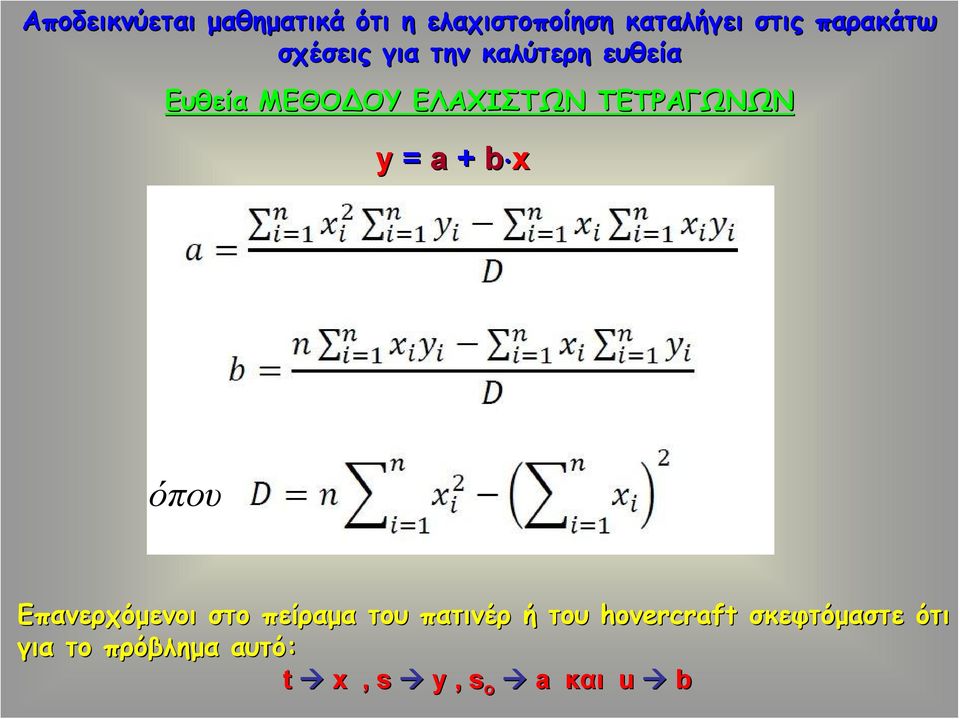 ΤΕΤΡΑΓΩΝΩΝ y = a + b x όπου Επανερχόμενοι στο πείραμα του πατινέρ ή