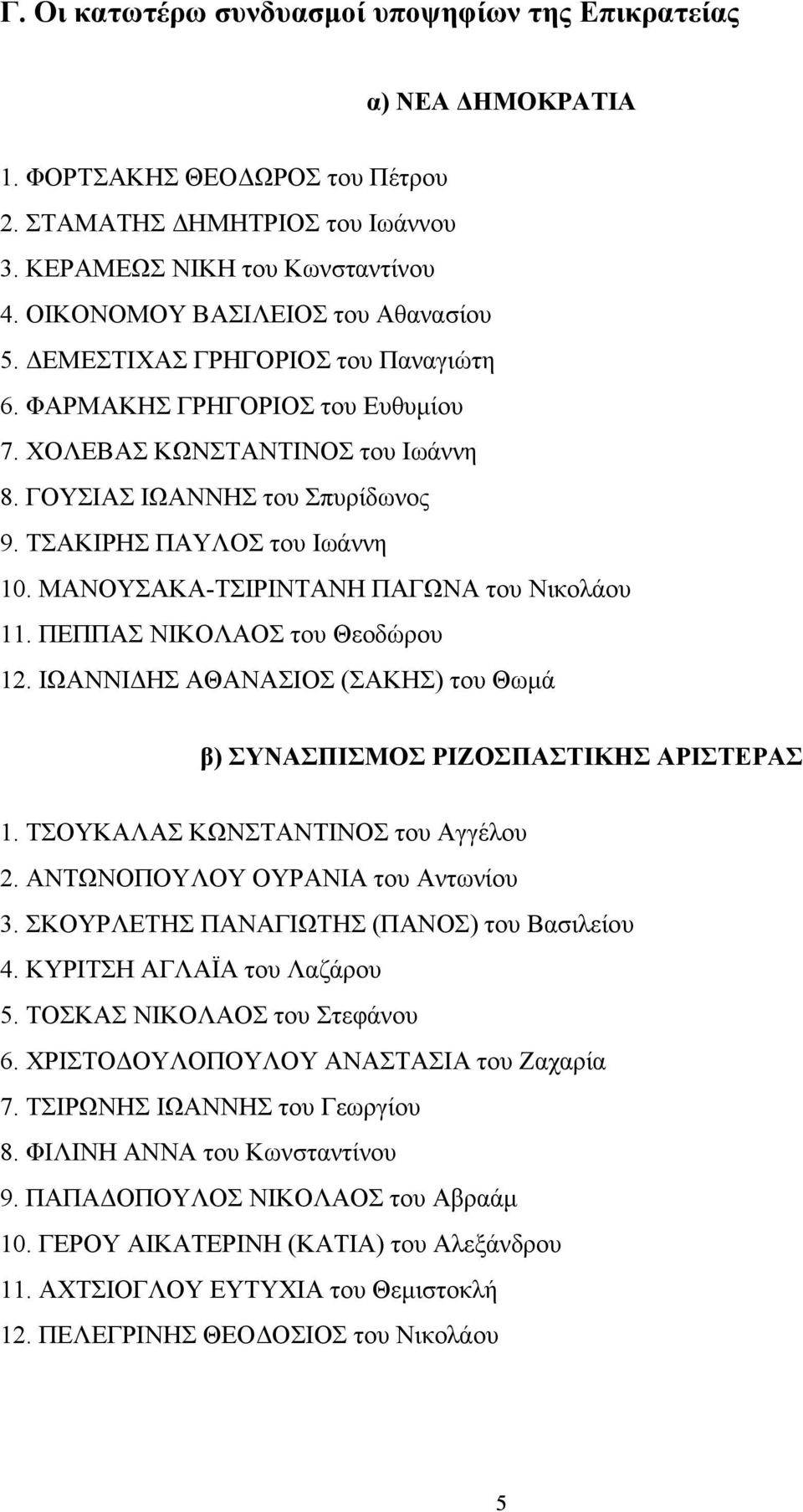 ΤΣΑΚΙΡΗΣ ΠΑΥΛΟΣ του Ιωάννη 10. ΜΑΝΟΥΣΑΚΑ-ΤΣΙΡΙΝΤΑΝΗ ΠΑΓΩΝΑ του Νικολάου 11. ΠΕΠΠΑΣ ΝΙΚΟΛΑΟΣ του Θεοδώρου 12. ΙΩΑΝΝΙΔΗΣ ΑΘΑΝΑΣΙΟΣ (ΣΑΚΗΣ) του Θωμά β) ΣΥΝΑΣΠΙΣΜΟΣ ΡΙΖΟΣΠΑΣΤΙΚΗΣ ΑΡΙΣΤΕΡΑΣ 1.