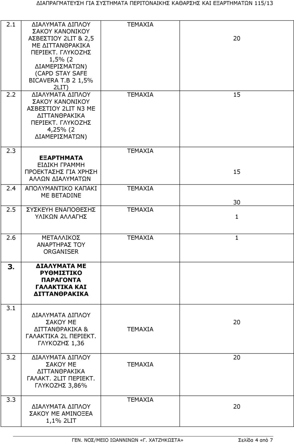 4 ΑΠΟΛΥΜΑΝΤΙΚΟ ΚΑΠΑΚΙ ΜΕ BETADINE 2.5 ΣΥΣΚΕΥΗ ΕΝΑΠΟΘΕΣΗΣ ΥΛΙΚΩΝ ΑΛΛΑΓΗΣ 15 30 1 2.6 ΜΕΤΑΛΛΙΚΟΣ ΑΝΑΡΤΗΡΑΣ ΤΟΥ ORGANISER 1 3.