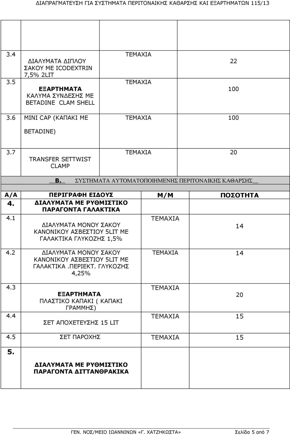 1 ΔΙΑΛΥΜΑΤΑ ΜΟΝΟΥ ΣΑΚΟΥ ΚΑΝΟΝΙΚΟΥ ΑΣΒΕΣΤΙΟΥ 5LIT ME ΓΑΛΑΚΤΙΚΑ ΓΛΥΚΟΖΗΣ 1,5% 14 4.2 ΔΙΑΛΥΜΑΤΑ ΜΟΝΟΥ ΣΑΚΟΥ ΚΑΝΟΝΙΚΟΥ ΑΣΒΕΣΤΙΟΥ 5LIT ΜΕ ΓΑΛΑΚΤΙΚΑ. 4,25% 14 4.3 4.